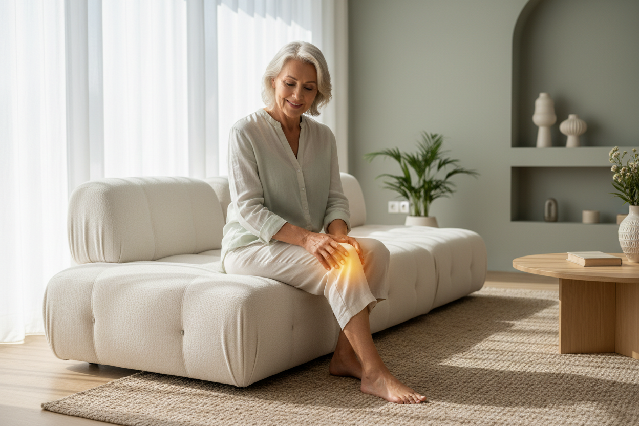 Create a premium lifestyle hero image representing knee comfort and relief for a wellness brand. Show an older adult at home in a relaxed seated position, gently touching their knee with a calm smile, suggesting comfort and ease of movement. Add a subtle visual cue of warmth or comfort around the knee area (soft glow or light gradient), keeping it natural and understated, not medical.
Color palette: soft beige, off-white, sage green. Lighting: warm, natural daylight. Style: modern, minimal, trustworthy,